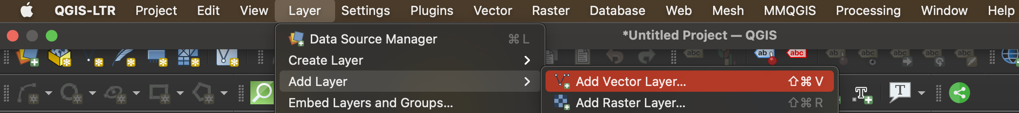 Screenshot of Add Vector Layer menu option in QGIS