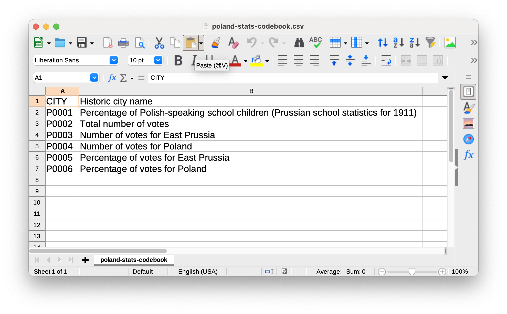 A screenshot of the data codebook, where one column the table is the dataset field header, and another column is the human readable description of what that column represents. For example, P0001 translates into Percent of Polish-speaking school children.