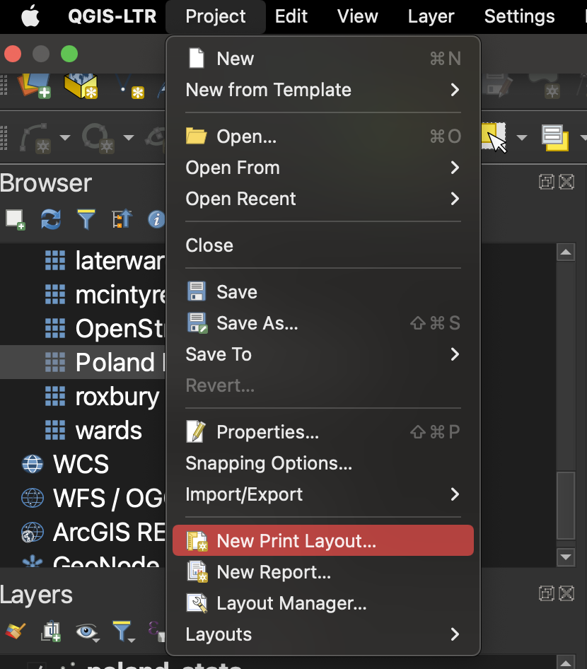 Screenshot of QGIS interface for how to create a new print layout