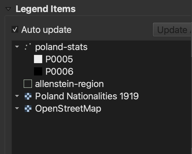 Screenshot of Legend Items in QGIS print layout