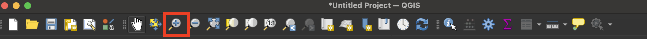 Screenshot of the QGIS interface showing the top banner with the Zoom in button highlighted