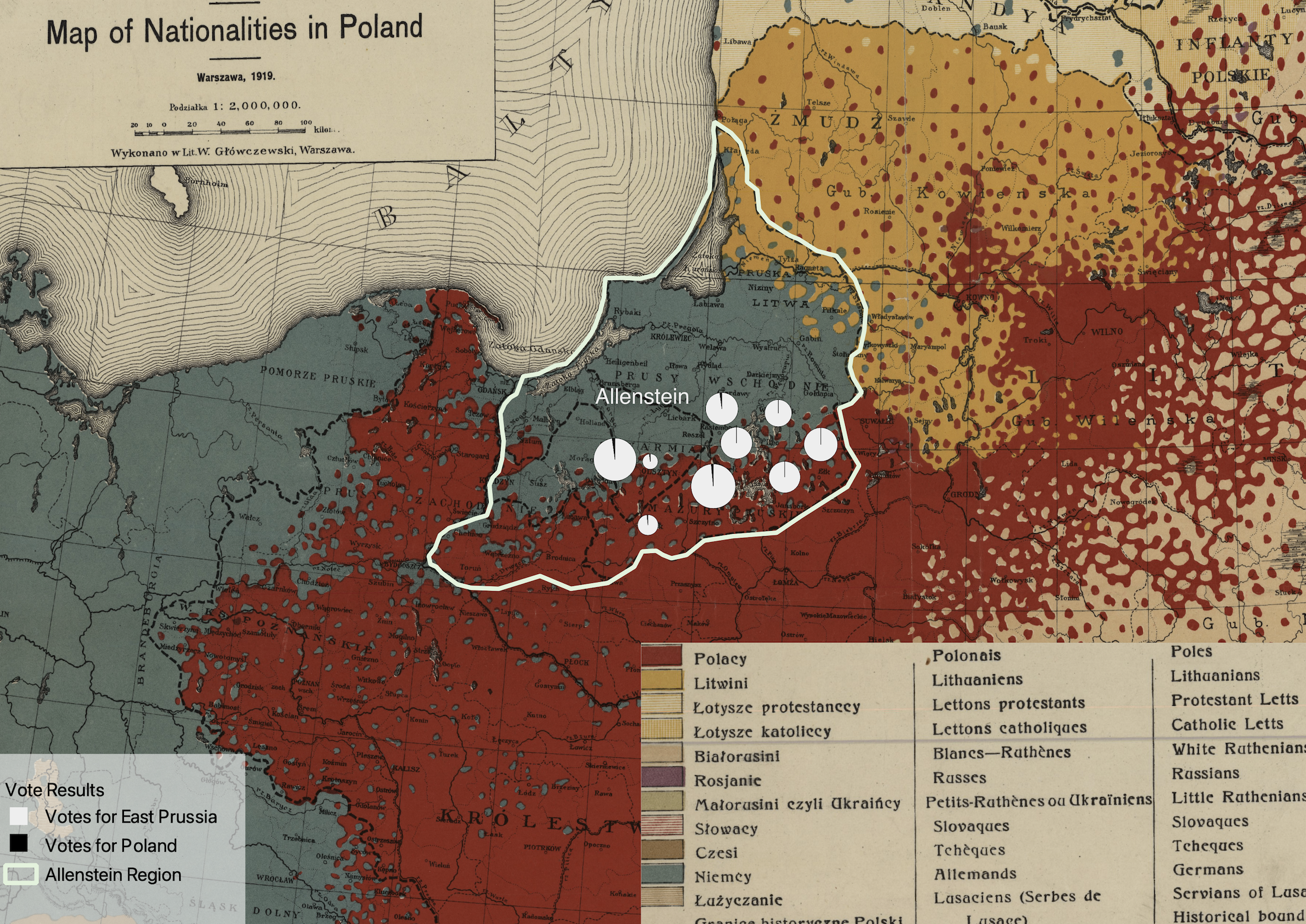 The finished map, showing a base layer of demographic makeup in Poland in 1919, and pie chart symbols for each Polish city, depicting the comparative percentage of votes for Poland versus East Prussia, or Germany, in the Allenstein plebiscite vote. There is also a border around the Allenstein plebiscite region.