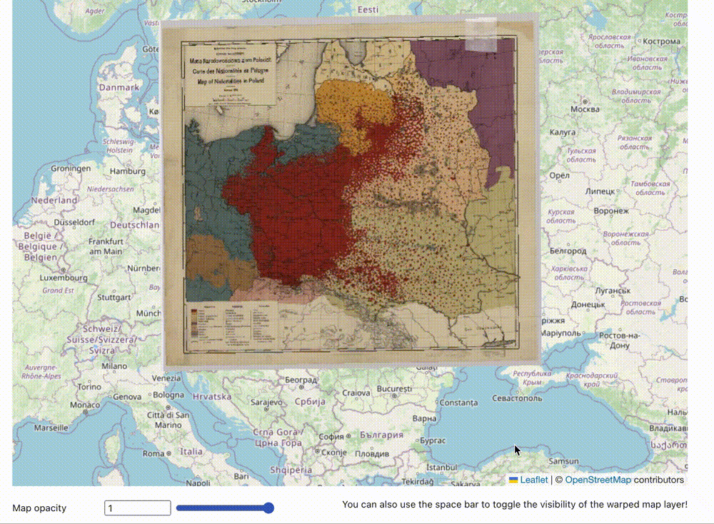 GIF showing the 1919 map superimposed over a modern map of Europe