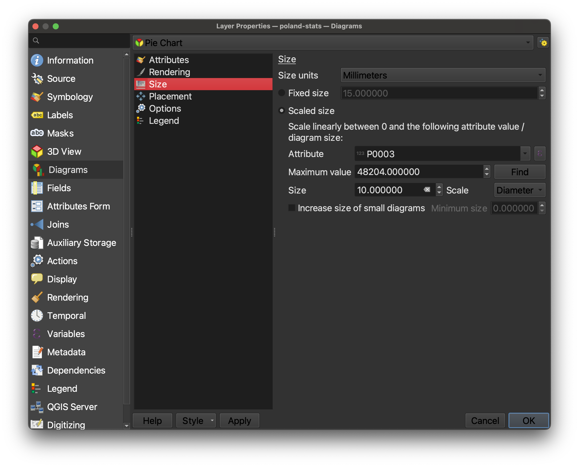 Screenshot of the settings populated in the diagram size menu in QGIS