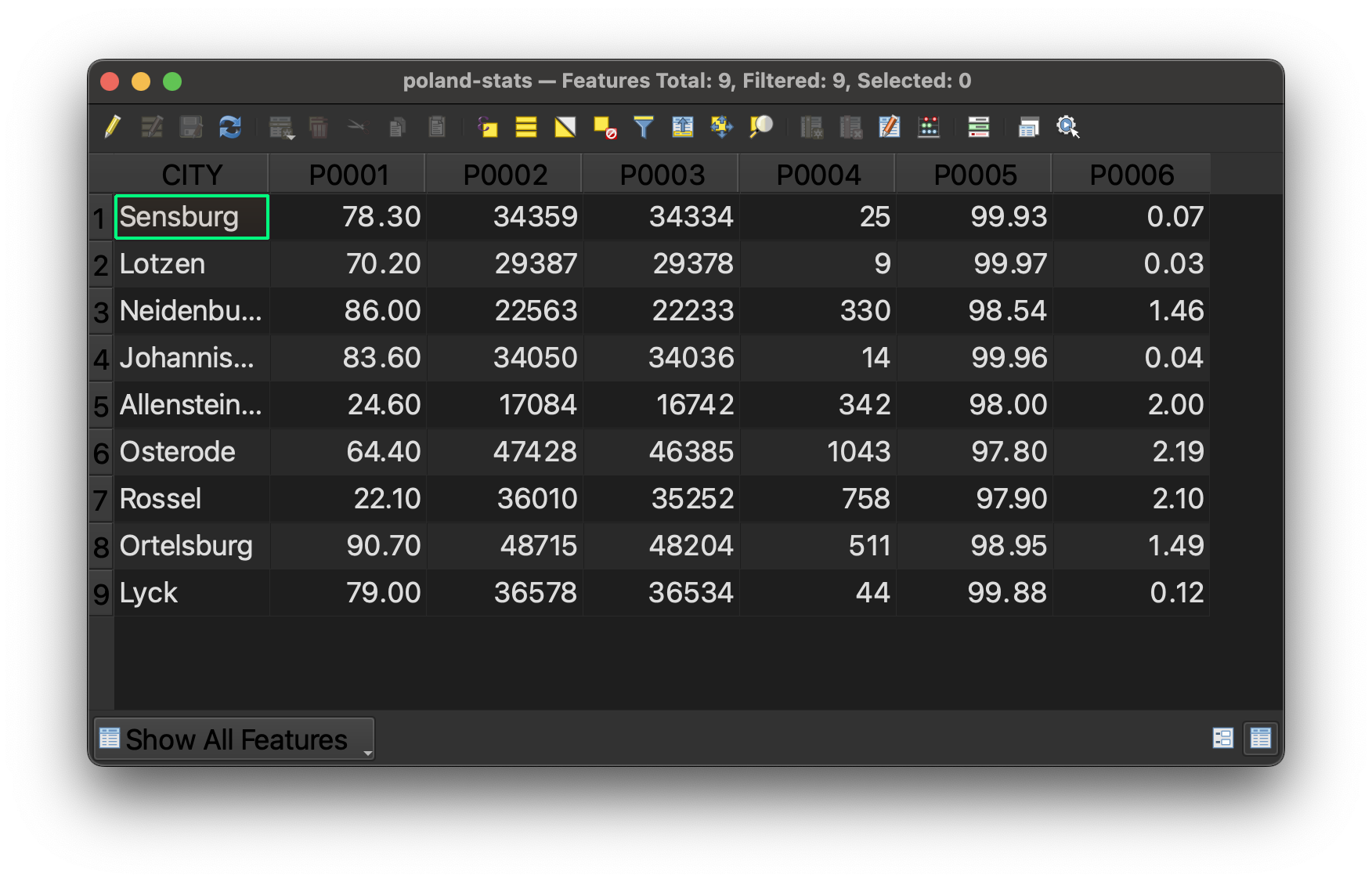 A screenshot of the tabular data, each row showing a Polish city, and each column containing statistical information about that city